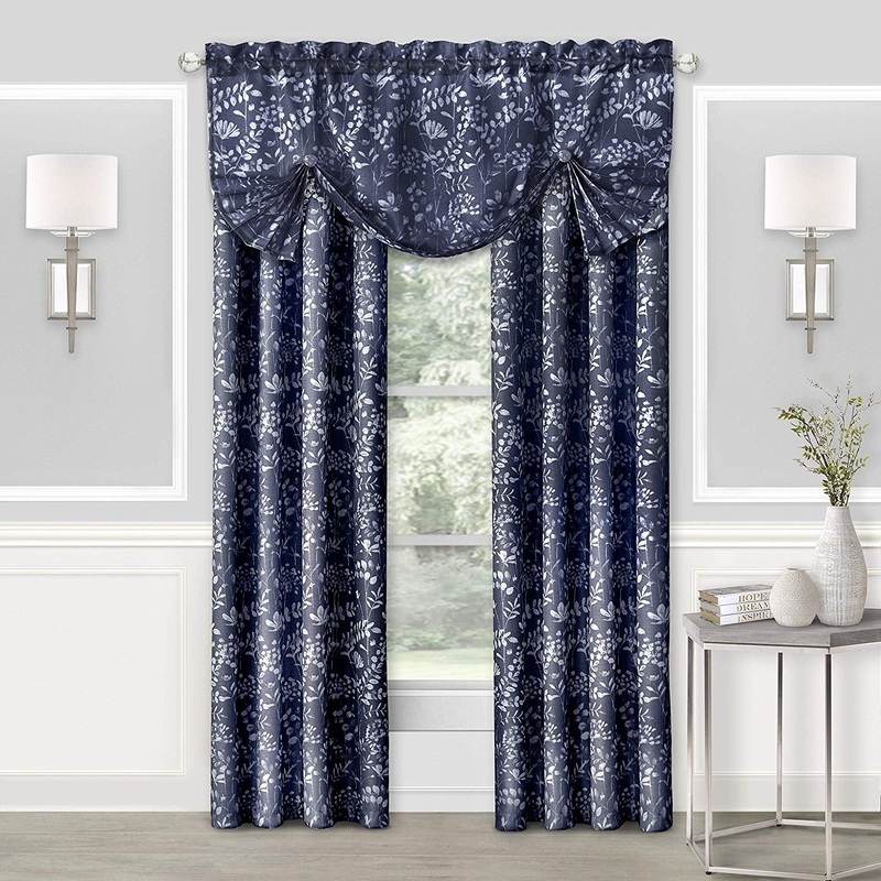 Charlotte Floral Design Rod Pocket Window Panel And Valance Treatments, Navy