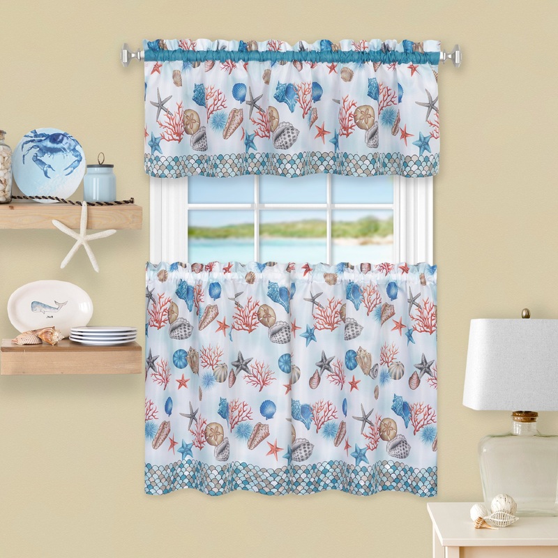 Coastal 3-Piece Printed Kitchen Curtain Set, Blue, Tiers 58x36, Swag 58x14 Inches