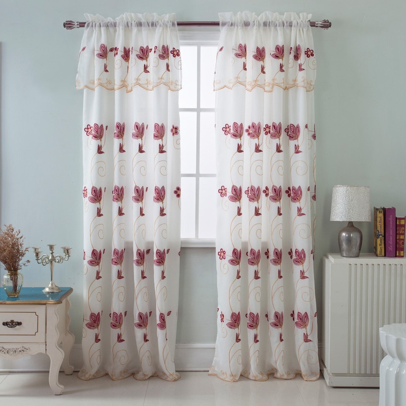 Vittoria Floral Embroidered Double Panel With Attached Valance, Burgundy, 54x84 Inches