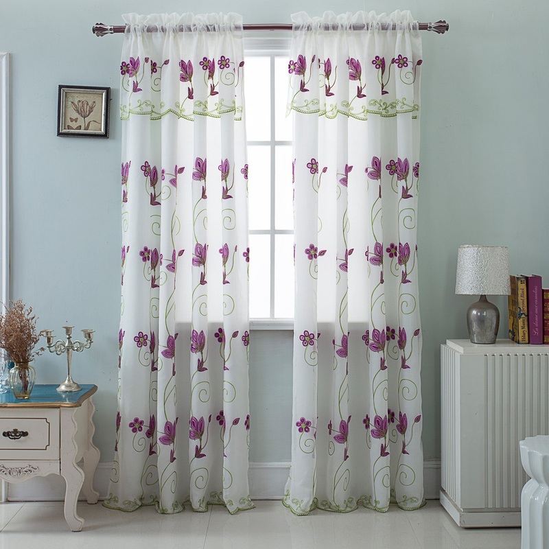 Vittoria Floral Embroidered Double Panel With Attached Valance, Purple, 54x84 Inches