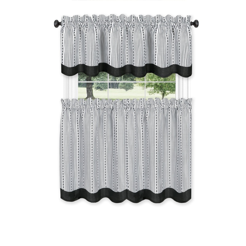 Westport 3-Piece Printed Kitchen Curtain Set, Black-White, Tiers 58x36 Inches, Valance 58x14 Inches