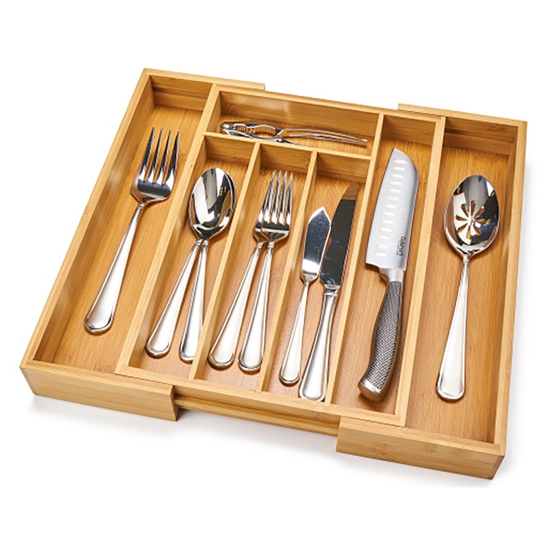 Bamboo Expandable 7-Compartment Cutlery Tray & Drawer Organizer, 10x14x2 Inches