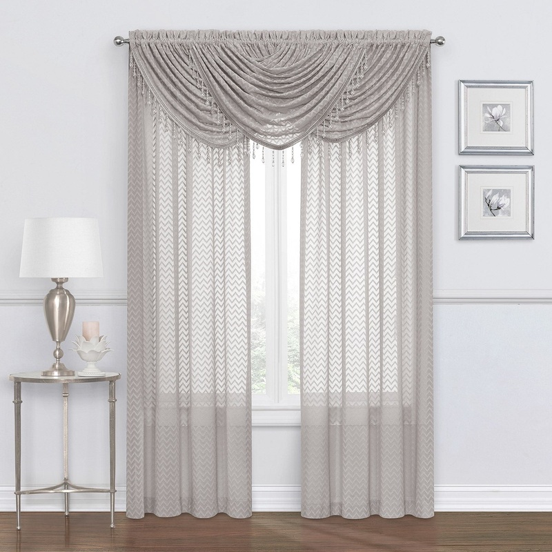 Chevron Zig-Zag Sheer Rod Pocket Window Panel and Valance Treatments, Grey