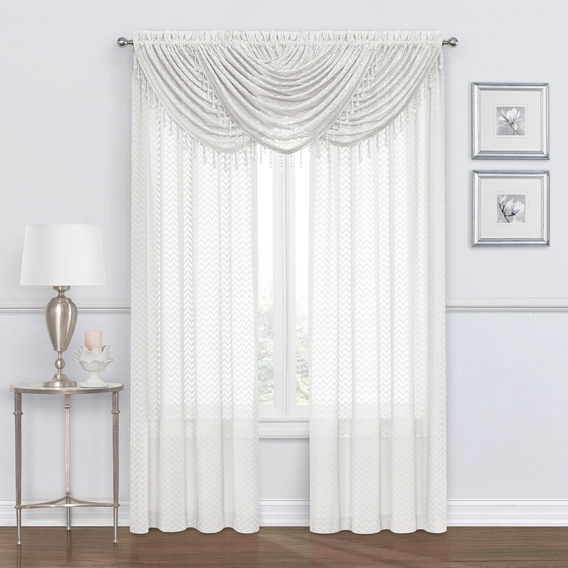 Chevron Zig-Zag Sheer Rod Pocket Window Panel and Valance Treatments, White