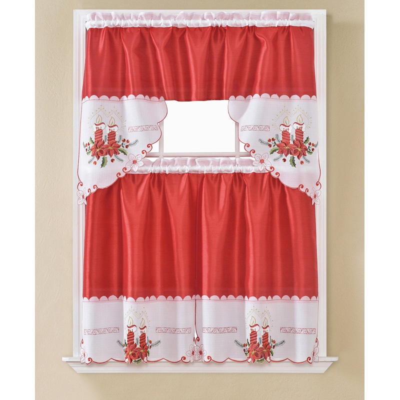 Christmas Candle Embroidered Kitchen Curtain and Valance Set, Red, Tiers 30x36, Swag 60x36 Inches