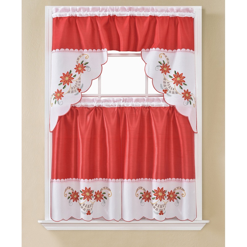 Christmas Poinsettia Embroidered Kitchen Curtain and Valance Set, Red, 60x36 Inches
