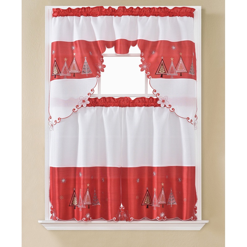 Christmas Tree Embroidered Kitchen Curtain and Valance Set, Red, Tiers 30x36, Swag 60x36 Inches
