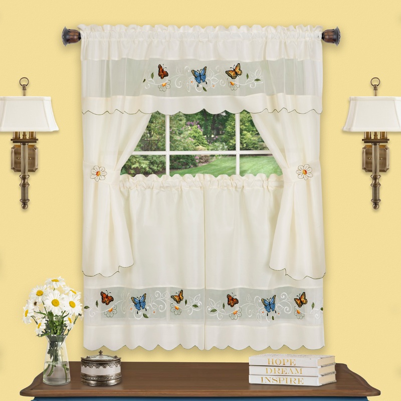 Daisy Meadow Embellished Embroidered Kitchen Curtain Set, White, 58x36 Inches