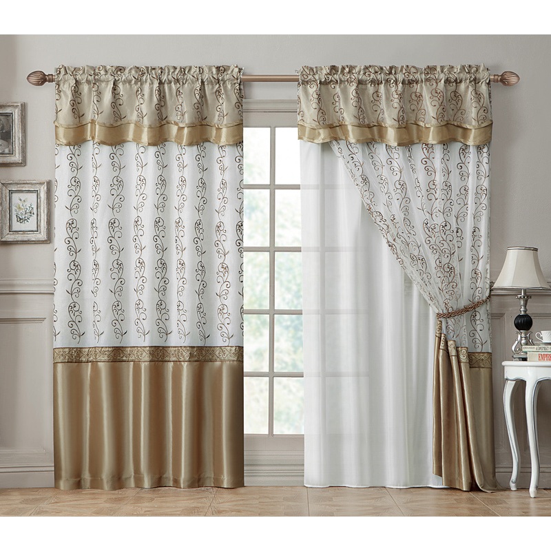 Violette Embroidered Rod Pocket Window Panel With Valance and Backing, Beige-Gold, 55x90 Inches