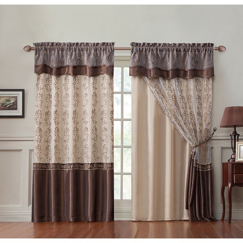 Violette Embroidered Rod Pocket Window Panel With Valance and Backing, Gold-Chocolate, 55x90 Inches
