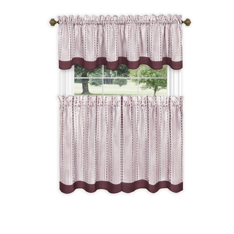 Westport 3-Piece Printed Kitchen Curtain Set, Burgundy, Tiers 58x36, Valance 58x14 Inches