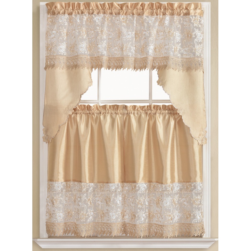 Freida Embroidered Macrame Kitchen Curtain Set, Beige, Tier 30x36, Valance 60x36 Inches