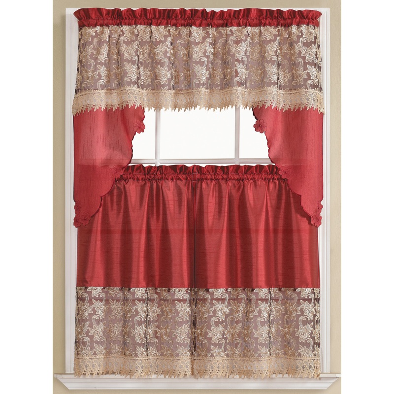 Freida Embroidered Macrame Kitchen Curtain Set, Burgundy, Tier 30x36, Valance 60x36 Inches