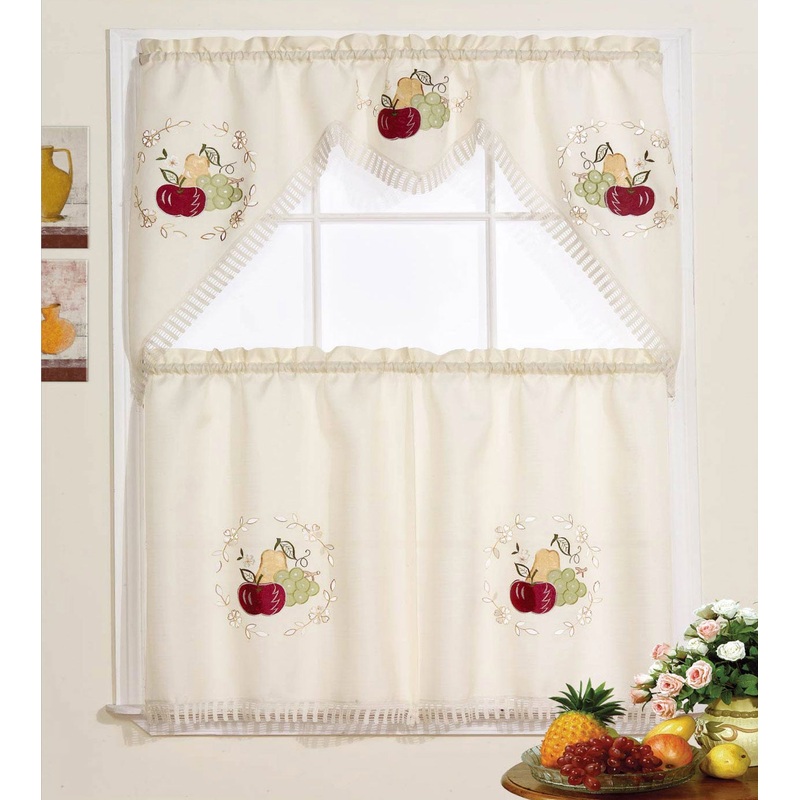 Fruit Frenzy Embroidered Kitchen Curtain Set, Beige, Tier 30x36, Valance 60x36 Inches