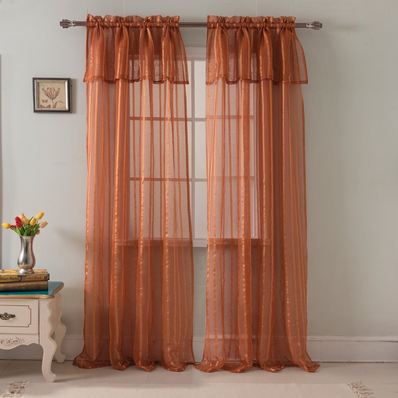 Gretchen Striped Rod Pocket Window Panel with Attached Valance, Spice, 54x90 Inches