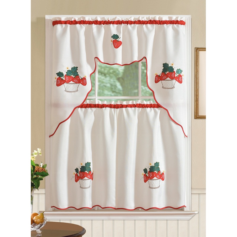 Imperial Strawberry Embroidered Kitchen Curtain Set, Red, Tier 30x36, Valance 60x36 Inches