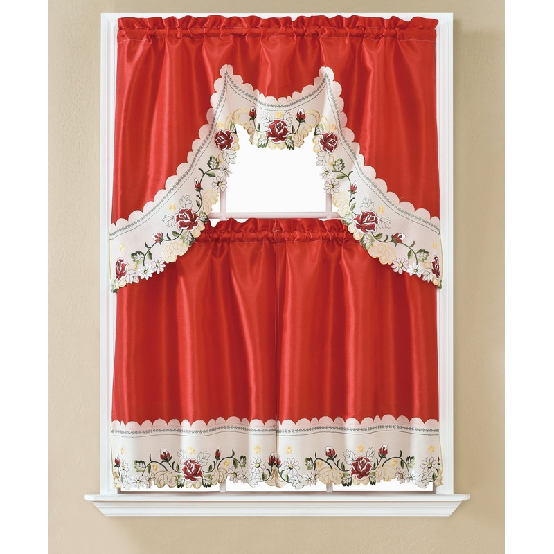 Mala Rose Embroidered Kitchen Curtain Set, Red, Tier 30x36, Valance 60x36 Inches
