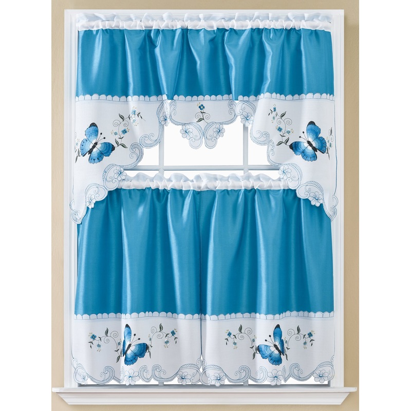 Noor Butterfly Embroidered Kitchen Curtain Set, Blue, Tier 30x36, Valance 60x36 Inches