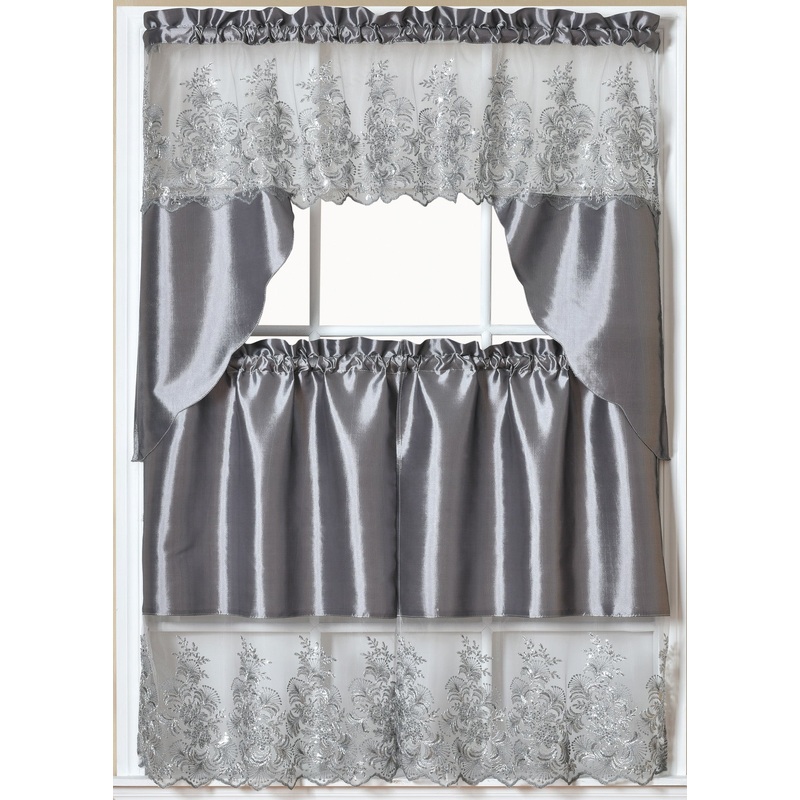 Paula 3-PC Organza Embroidered Kitchen Curtain Set, Silver, Tier 30x36, Valance 60x36 Inches