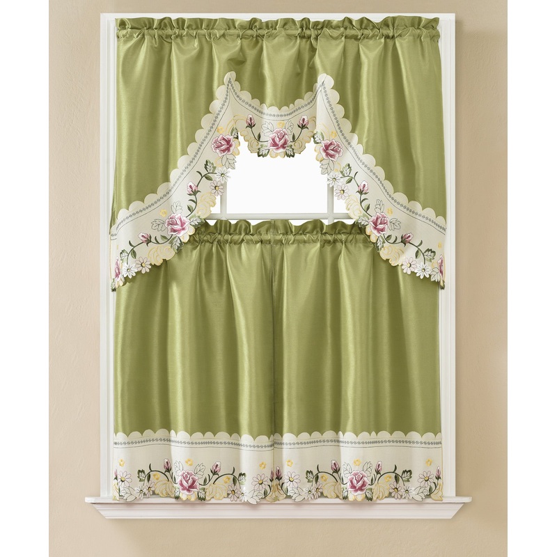 Rita Floral Embroidered Kitchen Curtain Set, Green, Tier 30x36, Valance 60x36 Inches