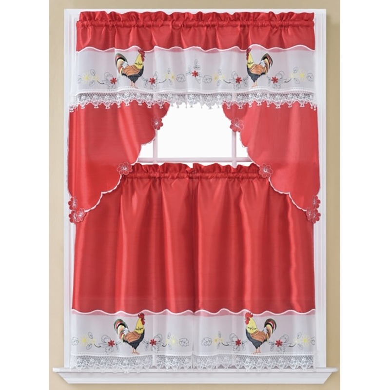 Rooster 3-Piece Embroidered Kitchen Curtain Set, Red, Tier 30x36, Valance 60x36 Inches