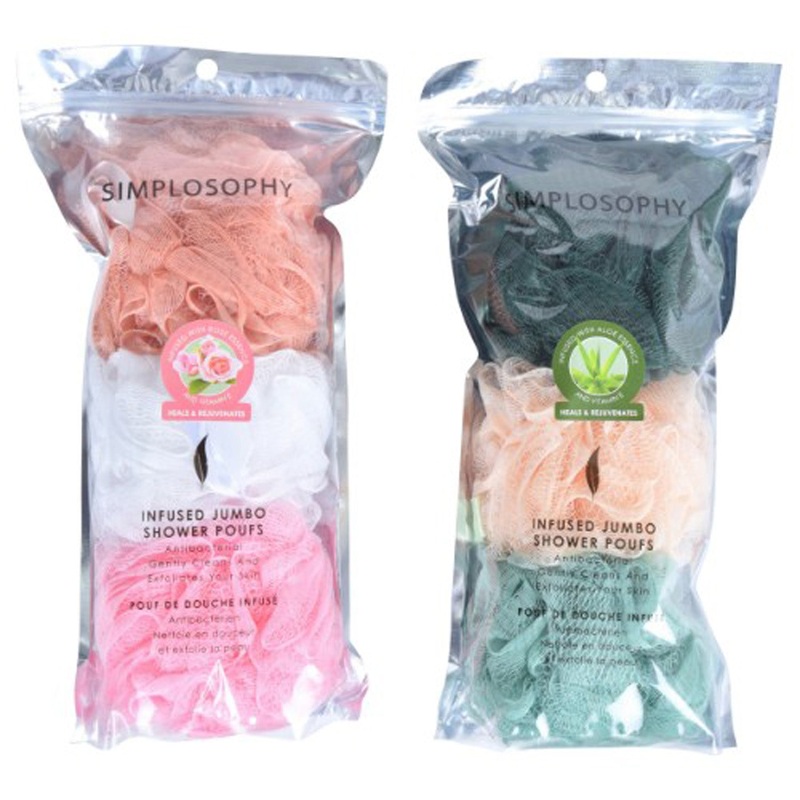 Simplosophy 3-Pack Vitamin E & Essence Infused Jumbo Shower Pouf, Assorted