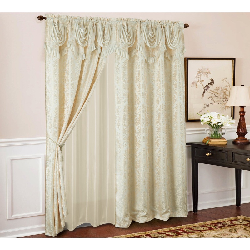 Sparta Damask Jacquard Rod Pocket Panel With Attached Valance, Beige, 54x84 Inches