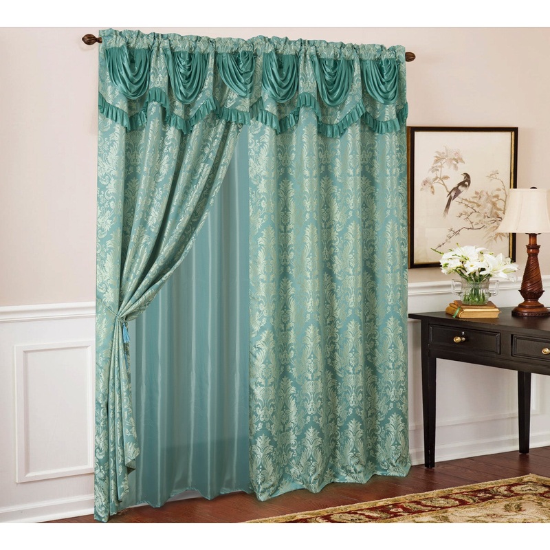 Sparta Damask Jacquard Rod Pocket Panel With Attached Valance, Blue, 54x84 Inches