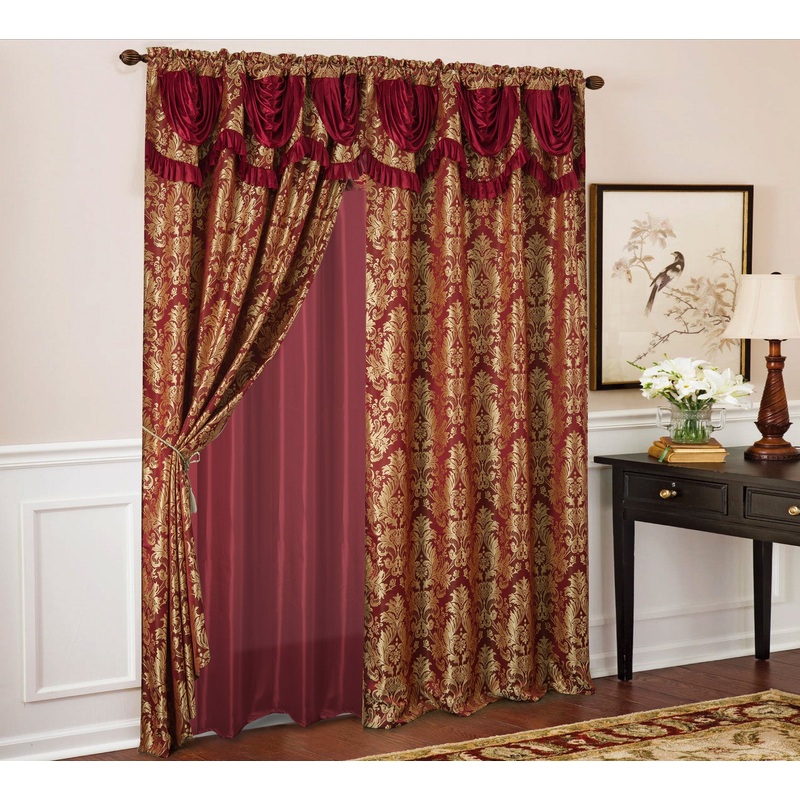 Sparta Damask Jacquard Rod Pocket Panel With Attached Valance, Burgundy, 54x84 Inches