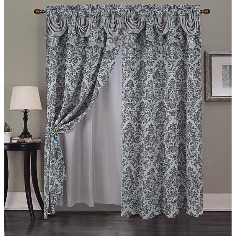 Sparta Damask Jacquard Rod Pocket Panel With Attached Valance, Silver, 54x84 Inches