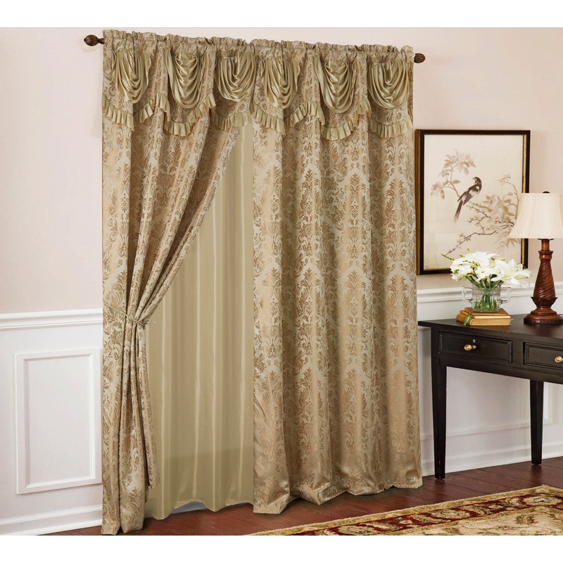 Sparta Damask Jacquard Rod Pocket Panel With Attached Valance, Taupe, 54x84 Inches