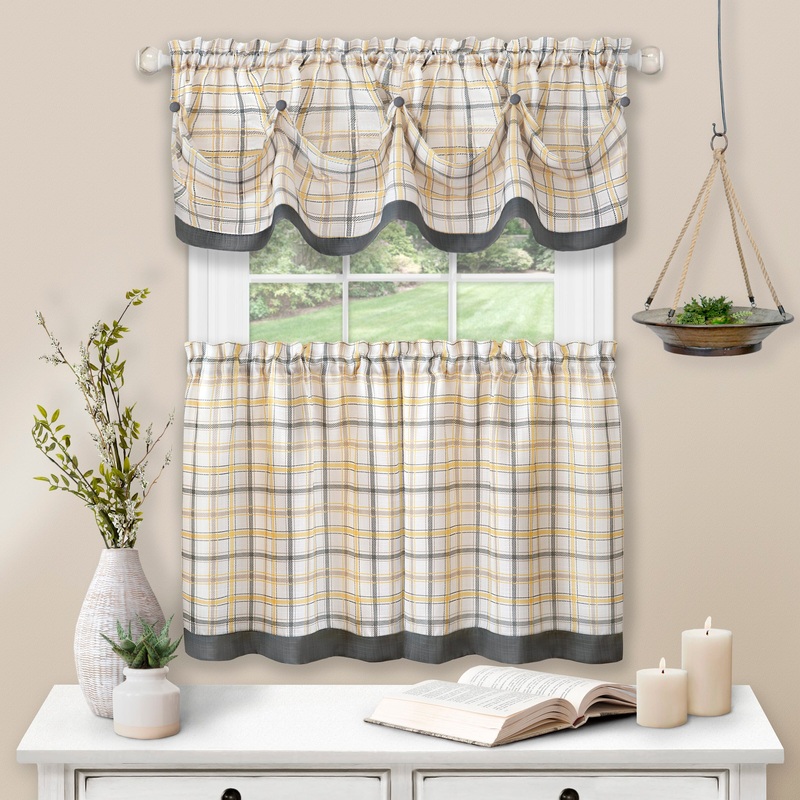 Tattersall Window Curtain Tier Pair and Valance Set - 58x36 - Grey