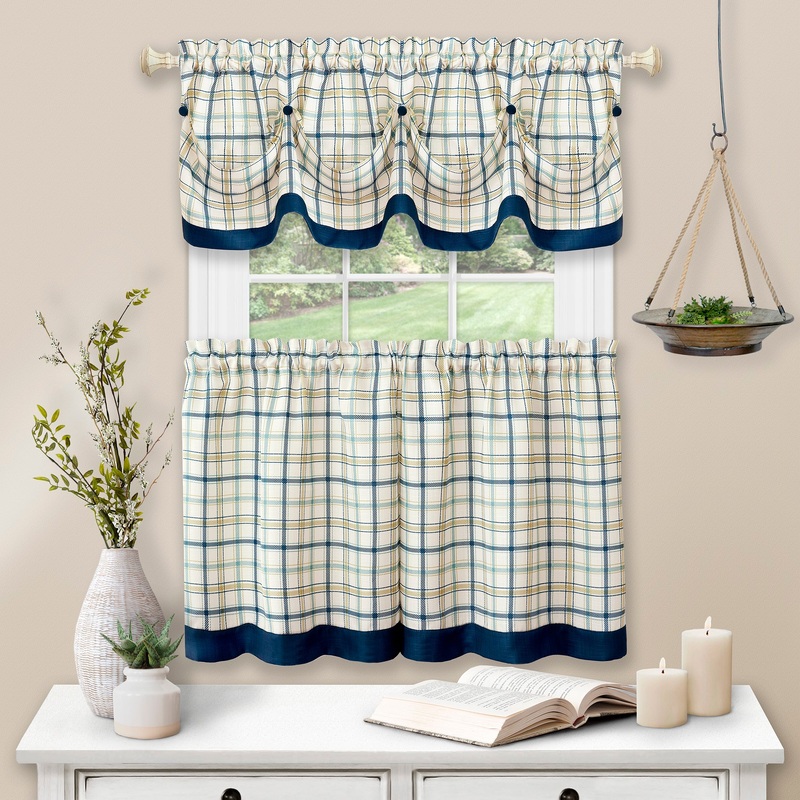 Tattersall Window Curtain Tier Pair and Valance Set - 58x36 - Navy