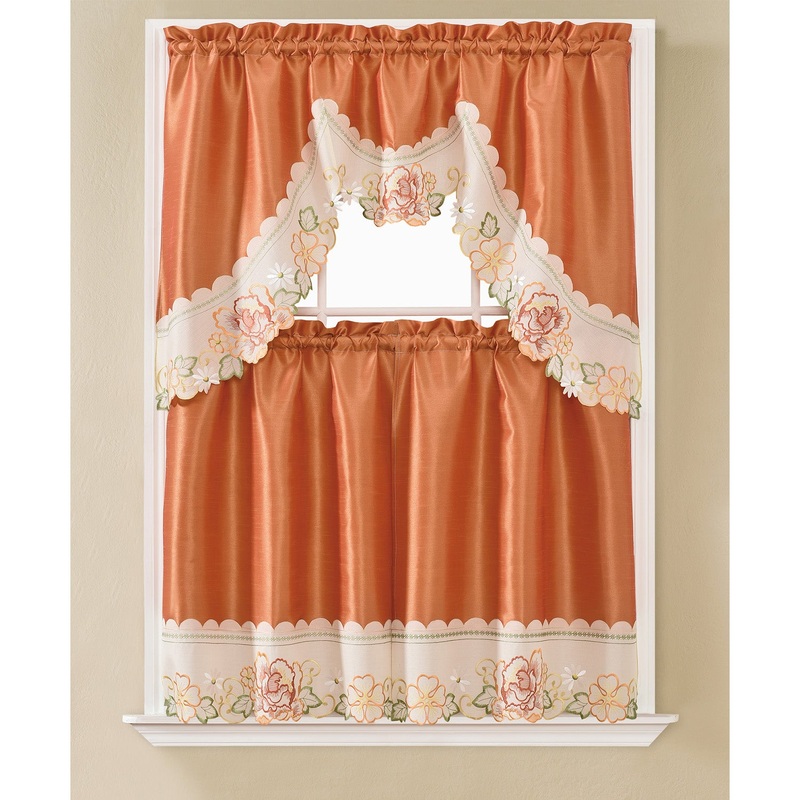 Vanessa Embroidered Kitchen Curtain Set, Orange, Tier 30x36, Valance 60x36 Inches