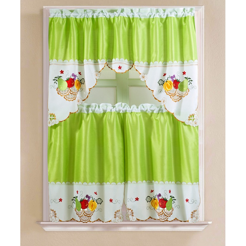 Vintage Fruit Embroidered Kitchen Curtain Set, Lime Green, Tier 30x36, Valance 60x36 Inches