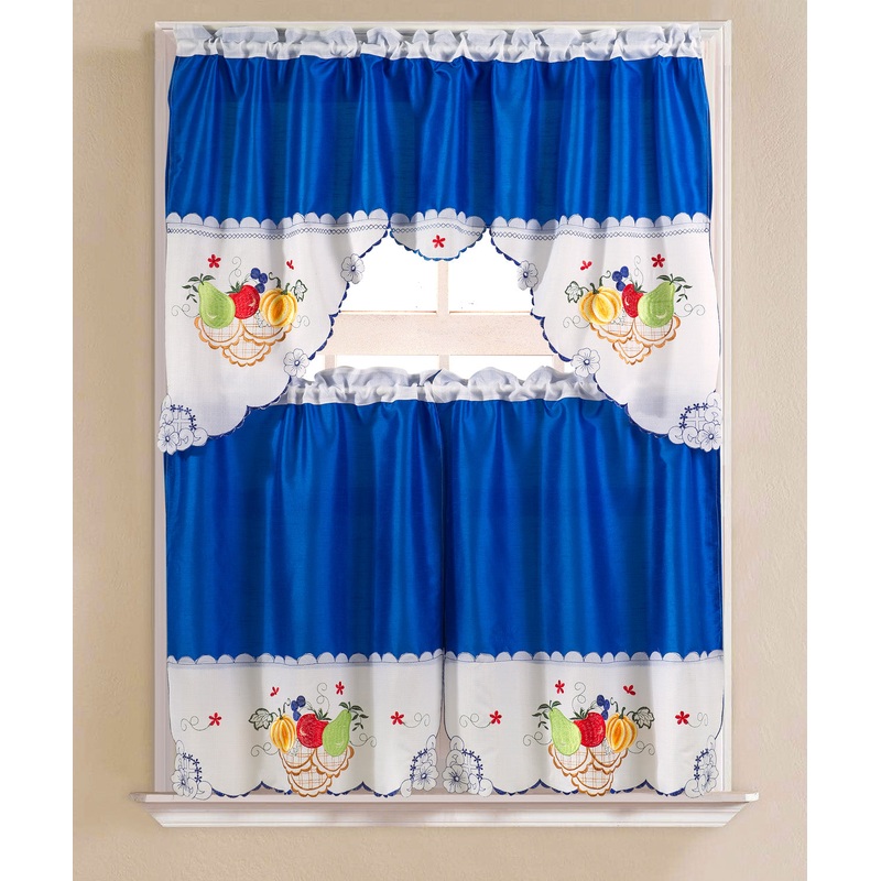 Vintage Fruit Embroidered Kitchen Curtain Set, Royal Blue, Tier 30x36, Valance 60x36 Inches