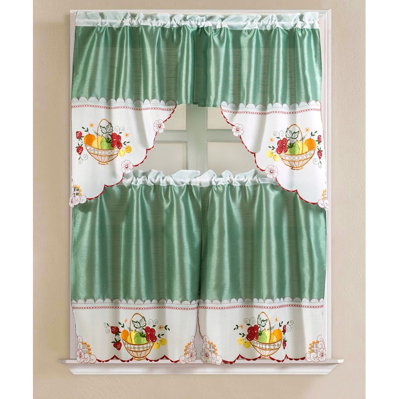 Vintage Fruit Medley Embroidered Kitchen Curtain Set, Green, Tier 30x36, Valance 60x36 Inches