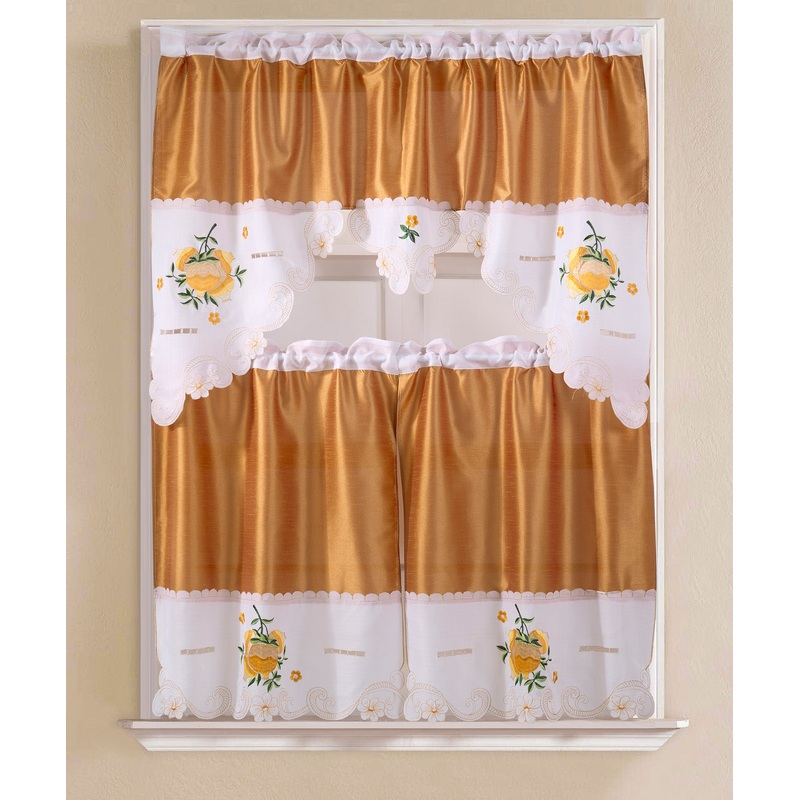 Vintage Pomegranate Embroidered Kitchen Curtain Set, Rust, Tier 30x36, Valance 60x36 Inches