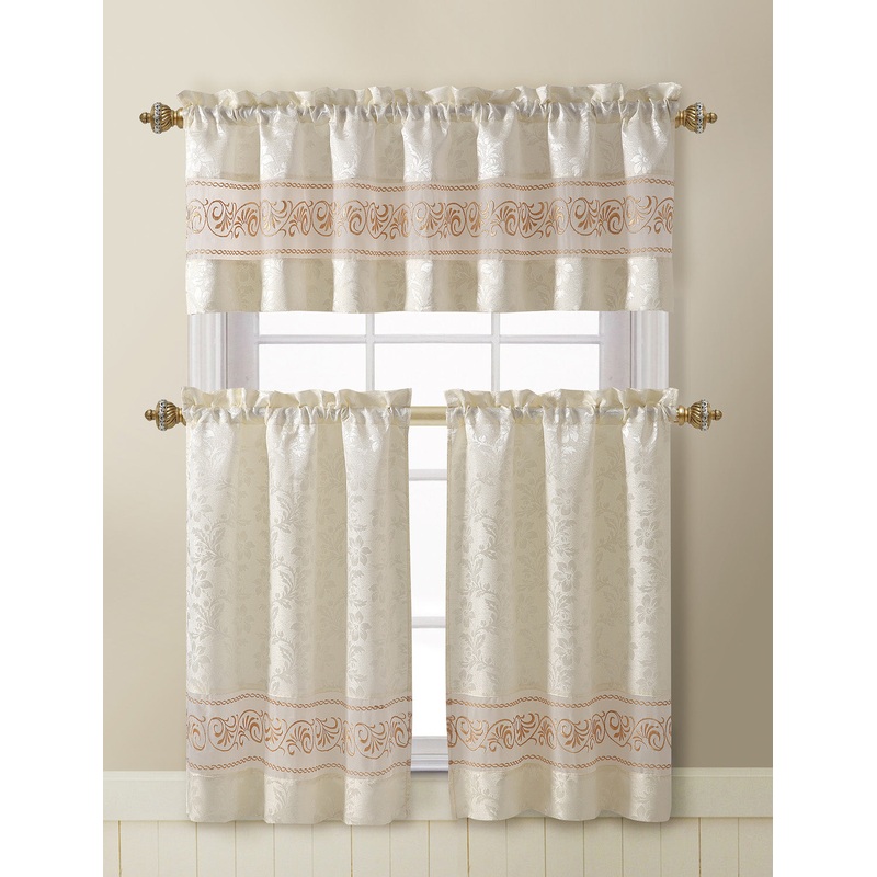 Ariel 3-Piece Embroidered Kitchen Curtain Set, Beige, Tiers 28x36, Valance 56x18 Inches