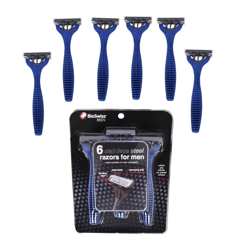 BioSwiss 3-Blade Stainless Steel Razors for Men, Blue, 6 Count
