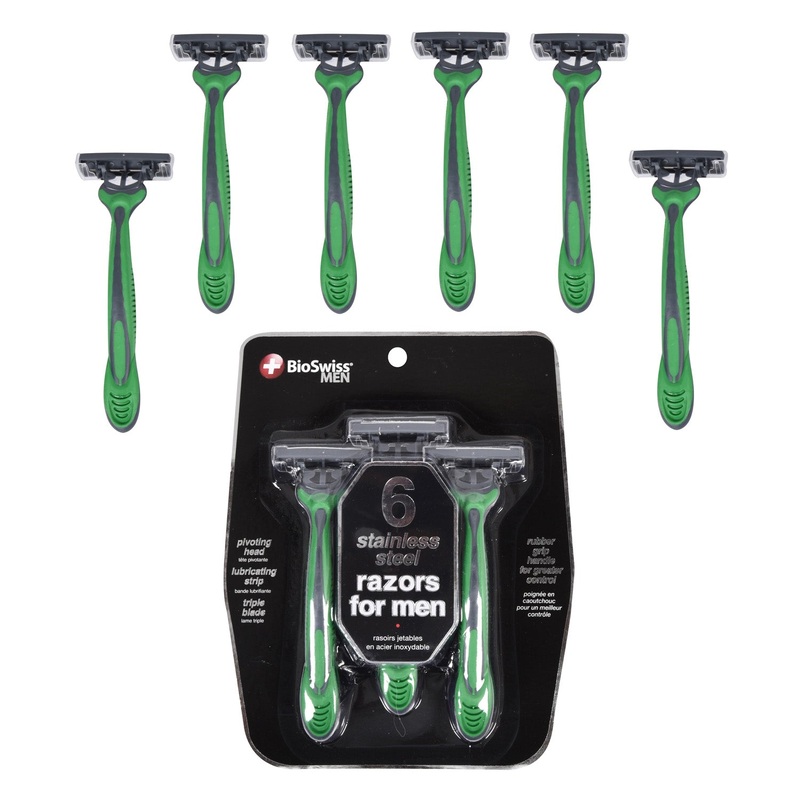 BioSwiss 3-Blade Stainless Steel Razors for Men, Green, 6 Count