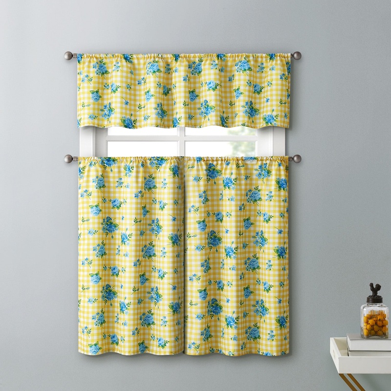 Cindy 3-Piece Kitchen Curtain Set, Yellow, Tiers 28x36, Valance 56x14 Inches