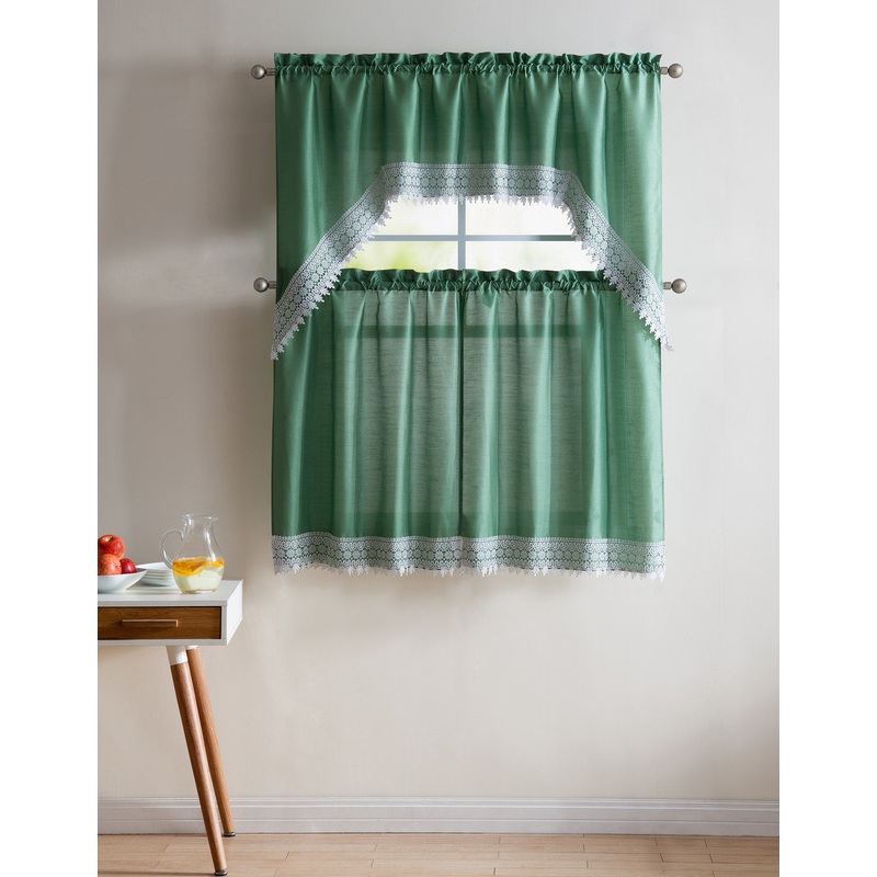 Jill 3-Piece Faux Silk Macrame Kitchen Curtain Set, Sage, Tiers 29x36, Valance 58x36 Inches