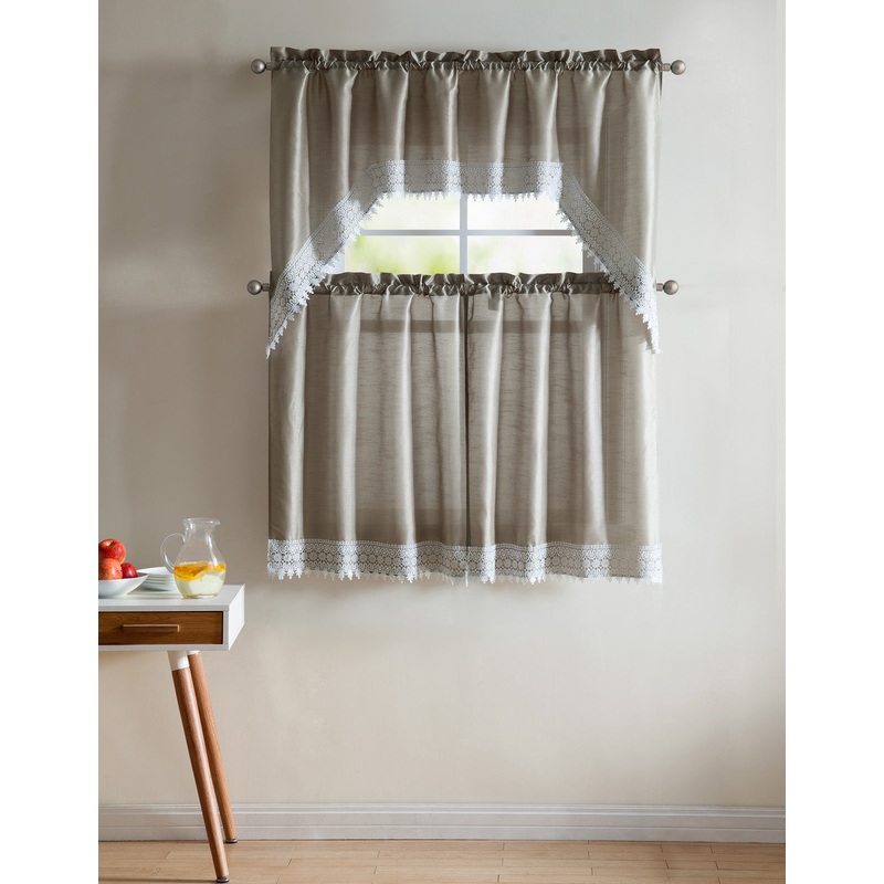 Jill 3-Piece Faux Silk Macrame Kitchen Curtain Set, Taupe, Tiers 29x36, Valance 58x36 Inches