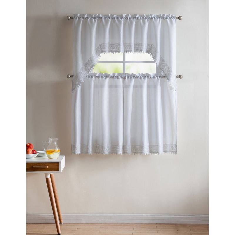 Jill 3-Piece Faux Silk Macrame Kitchen Curtain Set, White, Tiers 29x36, Valance 58x36 Inches
