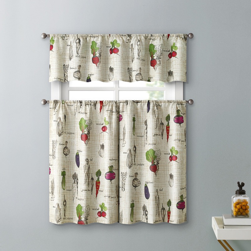 Kitchen Garden 3-Piece Kitchen Curtain Set, Taupe, Tiers 28x36, Valance 56x14 Inches