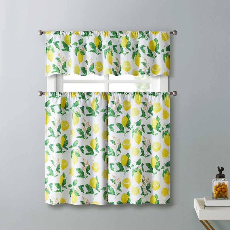 Lemon Vine 3-Piece Kitchen Curtain Set, Yellow, Tiers 28x36, Valance 56x14 Inches