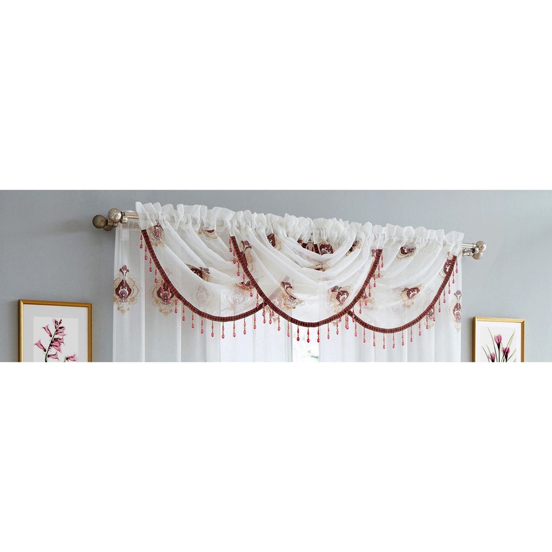 Lourdes Damask Embroidered Sheer Rod Pocket Window Panel And Valance Treatments