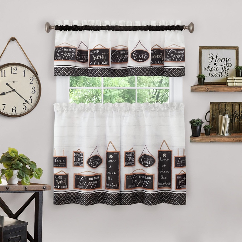 Modern Farmhouse Window Curtain Set, Black, Valabce 58x13 Inches, Tiers 58x36 Inches