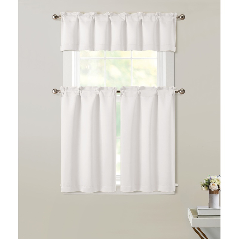 Neil 3-Piece Blackout Kitchen Curtain Set, White, Tiers 26x36, Valance 52x14 Inches